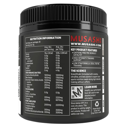 MUSASHI ムサシ プレワークアウト ZERO カフェイン パウダー 225g 選べる2味 ノンカフェイン クレアチン シトルリン ベータアラニン パフォーマンス 向上 筋トレ ニュージーランド産 Pre Workout Zero Caffeine