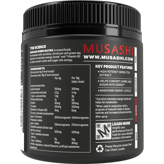 MUSASHI SHRED MATRIX 270g 燃焼サポート系サプリメント カルニチン・緑茶エキス配合 インフォームドスポーツ認証